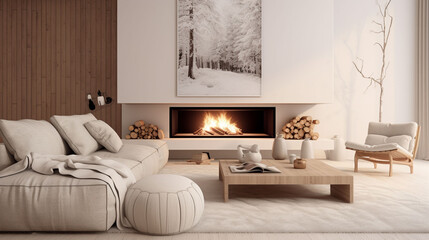 白を基調とした暖炉のある、冬の暖かいリビング