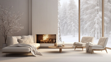 雪化粧の森を眺められる、暖炉のあるリビング