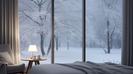夕暮れ時、ホテルの部屋から臨む雪景色