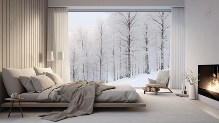 雪山を眺める、暖炉のある白い寝室