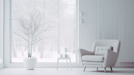 雪景色を室内から眺める肘掛け椅子のある風景 - obrazy, fototapety, plakaty