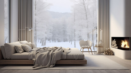 雪山を眺める、暖炉のある白い寝室