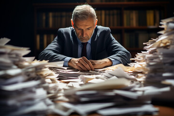 a man hard working with a lot of paper on work table - obrazy, fototapety, plakaty