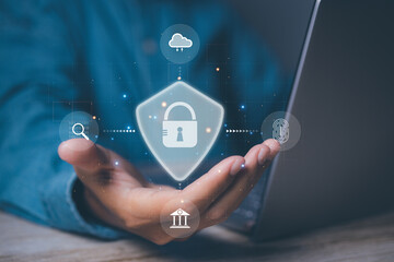 Cyber security and network protection with cybersecurity expert working. Lock icon and internet network security technology on secure access to protect server against cybercrime.