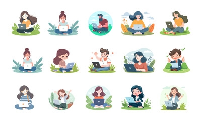 Set of illustrations of people working in the office, co-working space or remotely at home, freelance. Flat graphic vector illustrations isolated on white background.