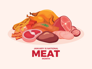 January is National Meat Month poster vector illustration. Pile of meat icon set vector. Beef, pork, poultry, fish, seafood vector. Many types of meat drawing. January every year
