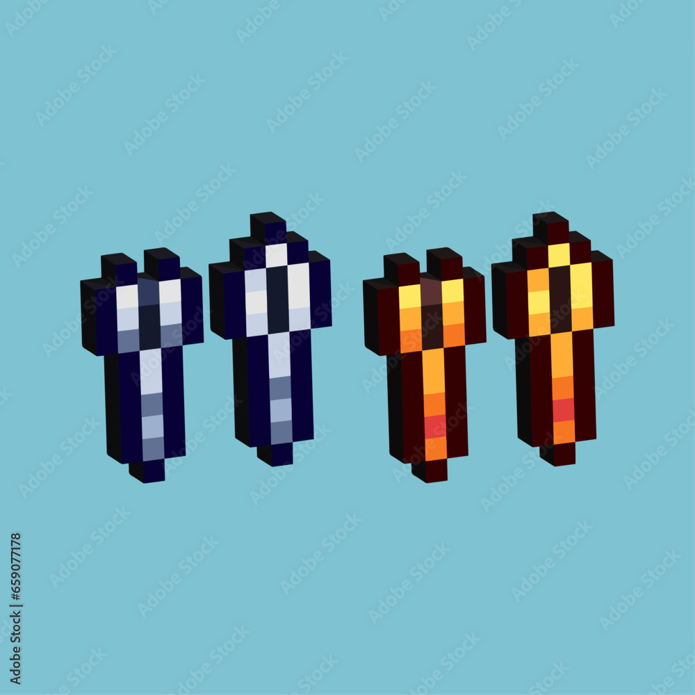 Poster isometric pixel art 3d of fork and spoon for items asset. silver and golden spoon and fork on pixela