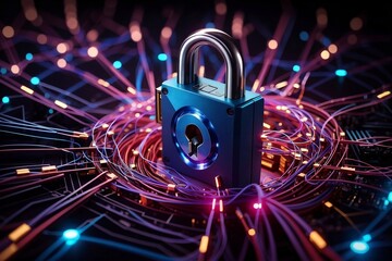 Cyber security lock with fiber optics - obrazy, fototapety, plakaty