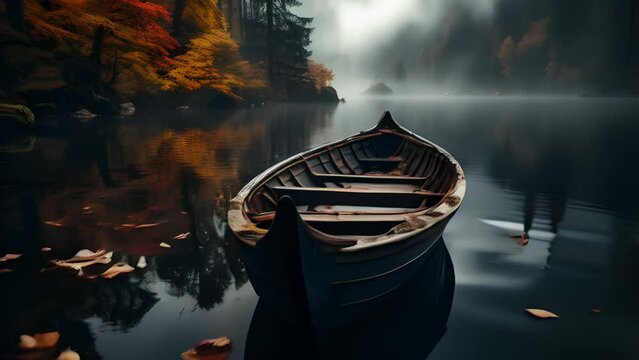 Solo canoe fishing boat on a calm tranquil lake in fall, finding peace and alone time, Generative AI
