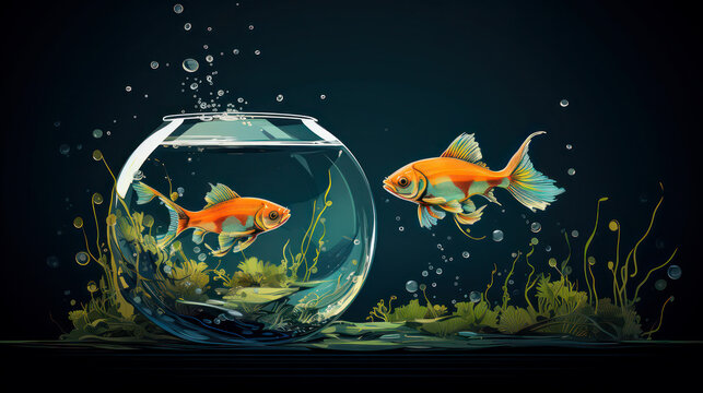 Cartoon illustration with one fish inside bowl fish tank and second is out in water