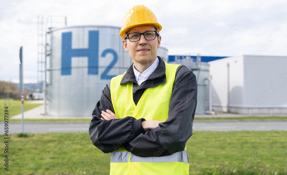 Poster portrait of engineer in helmet and glasses.