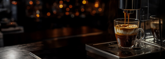 Coffee machine fills glass with espresso making delicious coffee