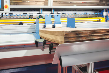 lements of corton boxes are collected in stack. Conveyor line for the production of boxes. Machine cuts cardboard boxes from sheets of cardboard. Enterprise for the production package.