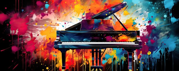 Grand piano on abstract colorful background with splashes and spotlights, digital painting. 