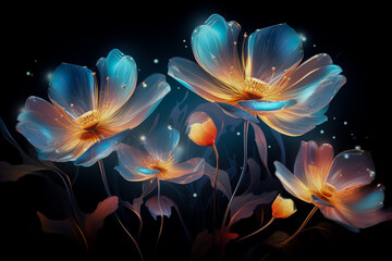 Fantastic glowing flowers on black background forming abstract floral wallpaper creating a magical blooming garden 