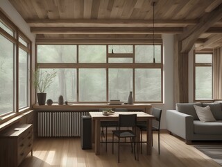 Fototapeta premium Wooden living room with dining table and chairs