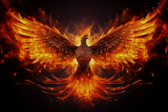 Mythical Flaming Phoenix Firebird sparks and flames on fiery background 