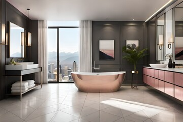 Fototapeta na wymiar Image of an opulent bathroom retreat showcasing flooring that epitomizes luxury, and walls that create a serene retreat, and vanities and bath tubs that offer a refreshing look.