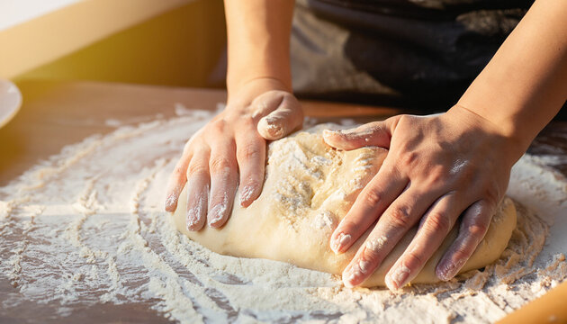Person kneading dough on table. Baking bread. 