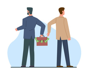Concept of corruption, man hands another man suitcase full of money. Financial crime, giving bribe in cash, bribery in business. Bribery in business. Vector cartoon flat isolated illustration