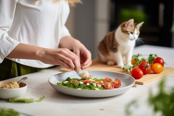 a portrait of a house cat controlling the process of food preparation by a woman in a white luxurious kitchen - obrazy, fototapety, plakaty