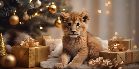 "Roaring Joy: A Lion Cub's Christmas Delight" | Background Design | Holiday Season | AI Generated Artwork