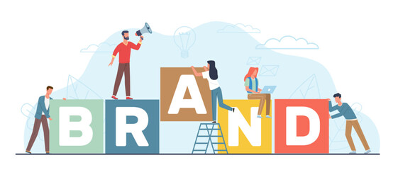 Creating brand, people stacking big cubes with brand name on them. Men and women employee working on branding design. Marketing Promotion cartoon flat style illustration. Vector concept - obrazy, fototapety, plakaty