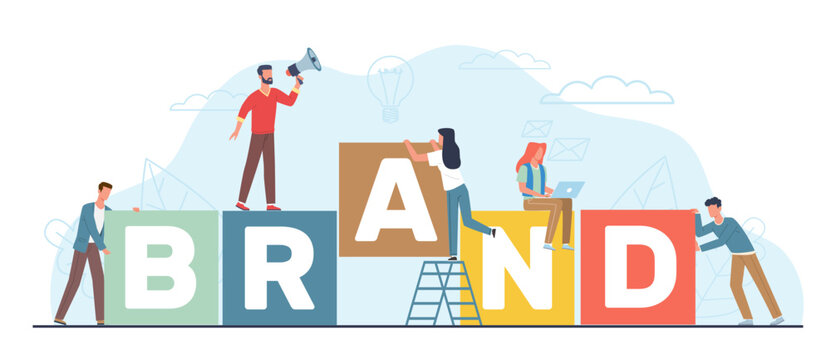 Creating brand, people stacking big cubes with brand name on them. Men and women employee working on branding design. Marketing Promotion cartoon flat style illustration. Vector concept