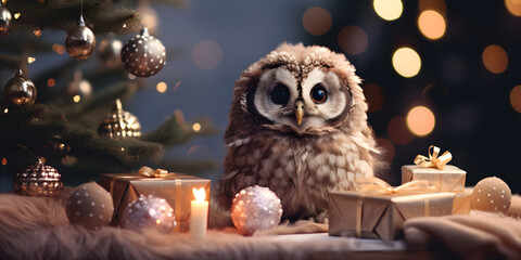 "Nocturnal Noel: A Baby Owl's Enchanted Christmas" | Background Design | Holiday Season | Generative AI Artwork