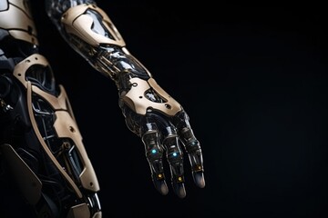 Close-up of robot's hand on dark background. 3D rendering.
