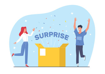 Happy people with gift, surprise box with confetti, guy and girl rejoicing over present they received. Fortune game prize. Sale lottery card. Cartoon flat style isolated vector concept