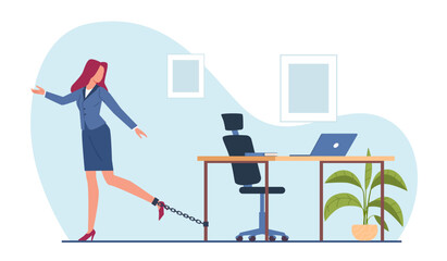 Heavy slave office work, girl employee chained to desk. Overworked woman. Depressed stressed businesswoman on workplace. Prisoner female. Cartoon flat isolated illustration. Vector concept