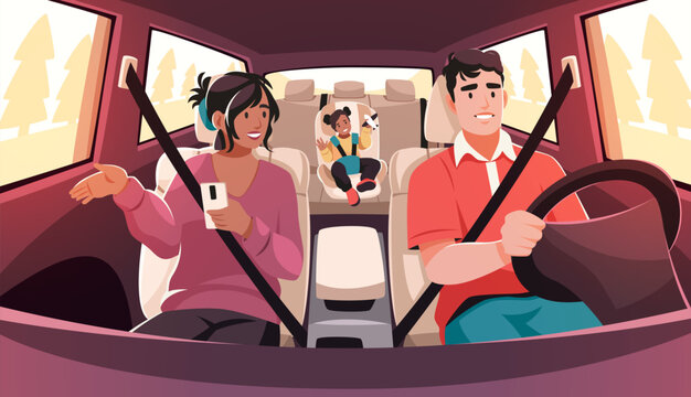 Happy family in car. People sitting in cars driving, kid in child seat, parents and daughter traveling, summer vacation, automobile interior, cartoon flat isolated tidy vector concept