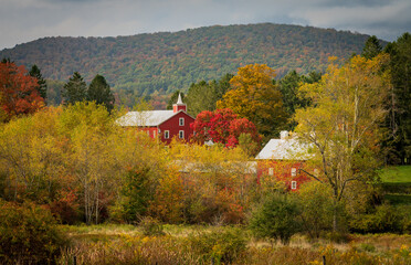 Historic red barn and farm buildings nestled in the trees in autumn near Aurora in West Virginia in...
