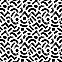 Grunge brush drawn geometric shapes seamless pattern. Brush scribbles decorative texture.