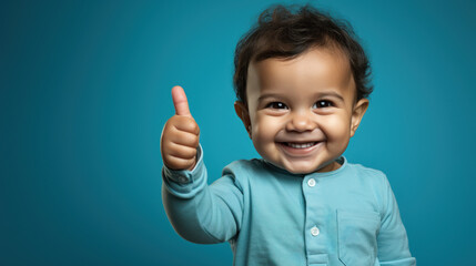 Little Optimist: Toddler's Thumbs Up Against the Blue Sky. Generative AI - obrazy, fototapety, plakaty