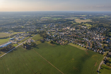 Aerial view of a little European village during the sunset