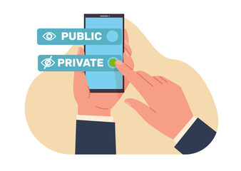 Public or private choice, individual checks private button. Hand hold smartphone. Making decision. Data management. Check mark on button. Cartoon flat isolated illustration. Vector concept