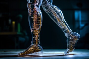 Fototapeta na wymiar Bionic prosthetic leg. Cybernetic technologies in prosthetics. Leg prosthesis. 