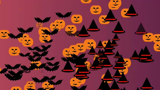 Halloween animation with icons of pumpkins, bats, and witch hats