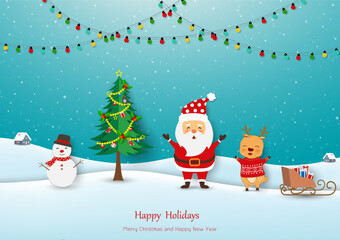 Merry Christmas and Happy new year greeting card,cute cartoon Santa Claus and friends celebrate party on winter night