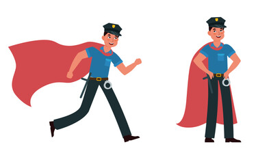 Super cop on duty, police superhero with superhuman powers. American police in uniform and red cape. Standing and running man. Officer or sheriff. Cartoon flat isolated vector concept