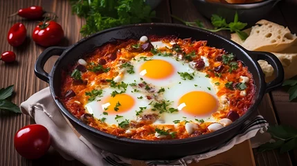 Fotobehang Homemade breakfast shakshuka - fried eggs, onion, bell pepper, tomatoes and parsley in a pan on a rustic wooden table with ingredients. © YarikL