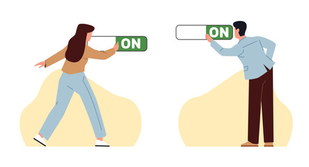 Turn switch on, start business, man and woman press on switch button. Launch startup company. Starting work. New beginning idea. Cartoon flat style illustration. Interface element. Vector concept