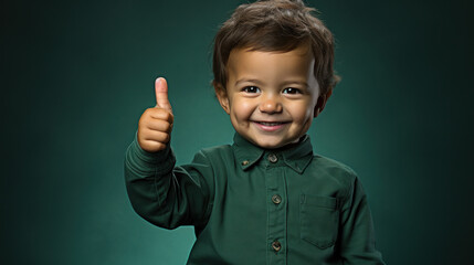 Tiny Optimist: Toddler's Thumbs Up on Lush Green. Generative AI