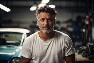 portrait of a mechanic in a car repair shop