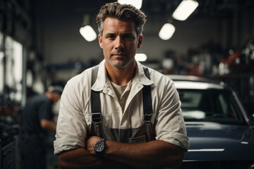 portrait of a mechanic in a car repair shop