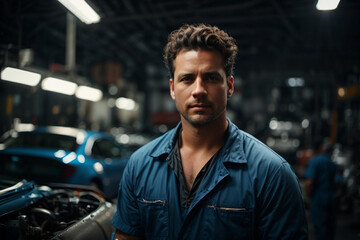 portrait of a mechanic in a blue jumpsuit