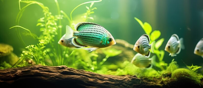 Dwarf gourami fish in a close up home aquarium with beautiful green plants
