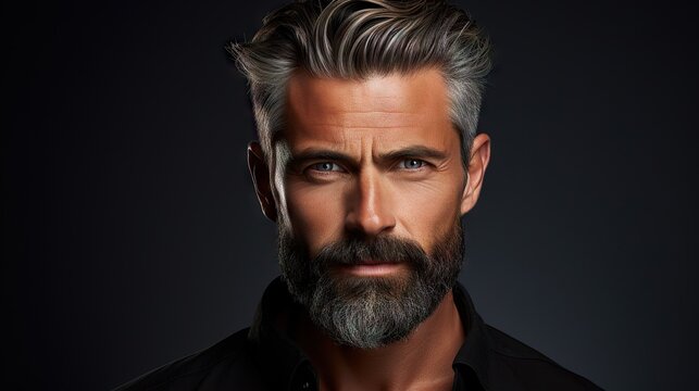 Suave and Stylish Mid-Aged Man with a Lush Beard and Hair.Showcase your mustache and hair products with this attractive model, exuding modern fashion and grooming